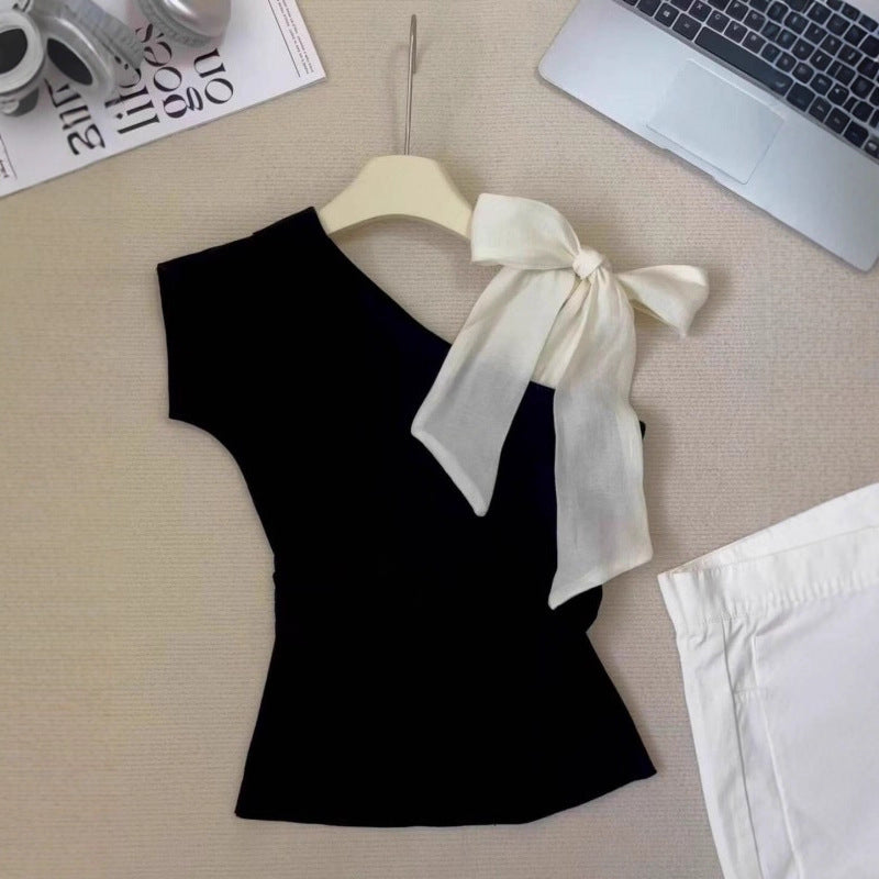 Black Off-shoulder Niche Strap Short-sleeve T-shirt For Women