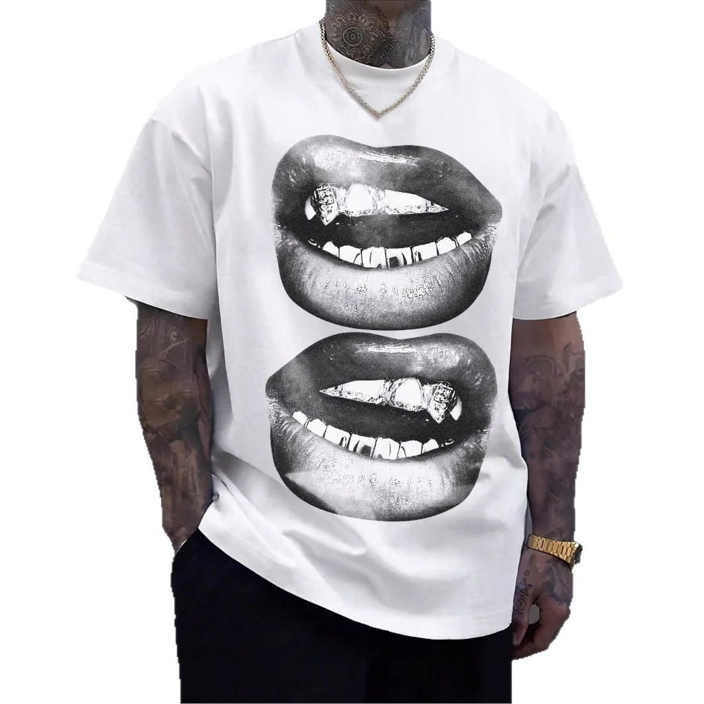 Tooth Drill Mouth Trendy Brand Short-Sleeve Loose Hip-Hop Streetwear Casual Couple T-Shirts