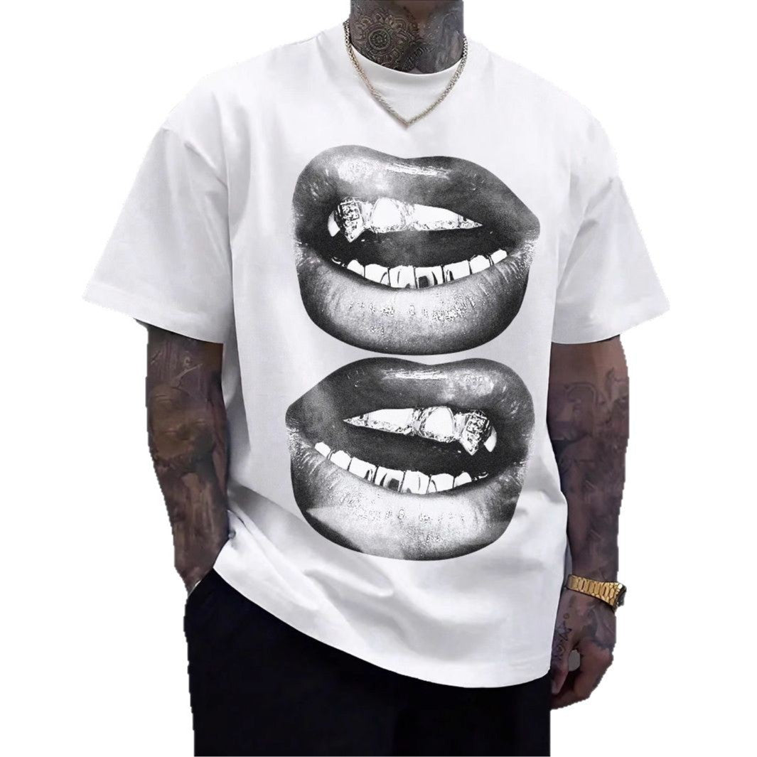 Tooth Drill Mouth Trendy Brand Short-Sleeve Loose Hip-Hop Streetwear Casual Couple T-Shirts