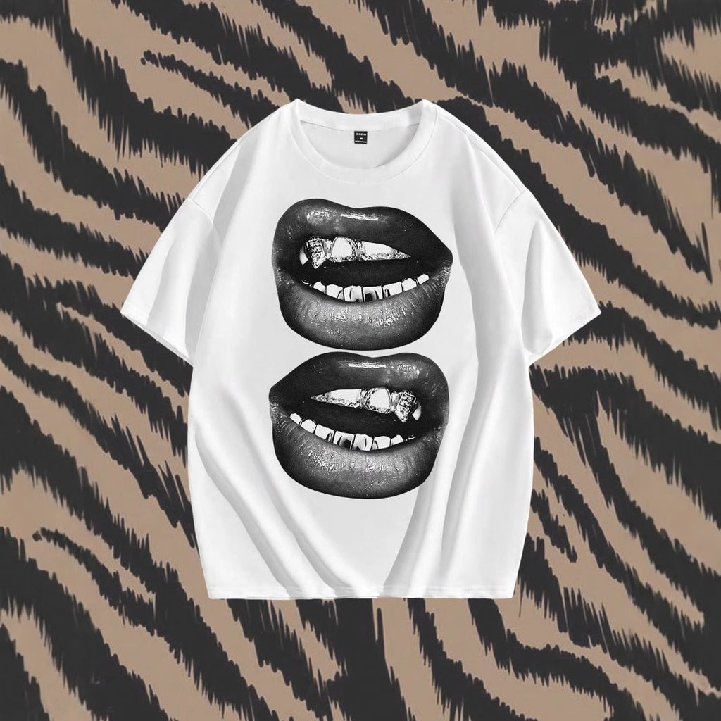 Tooth Drill Mouth Trendy Brand Short-Sleeve Loose Hip-Hop Streetwear Casual Couple T-Shirts