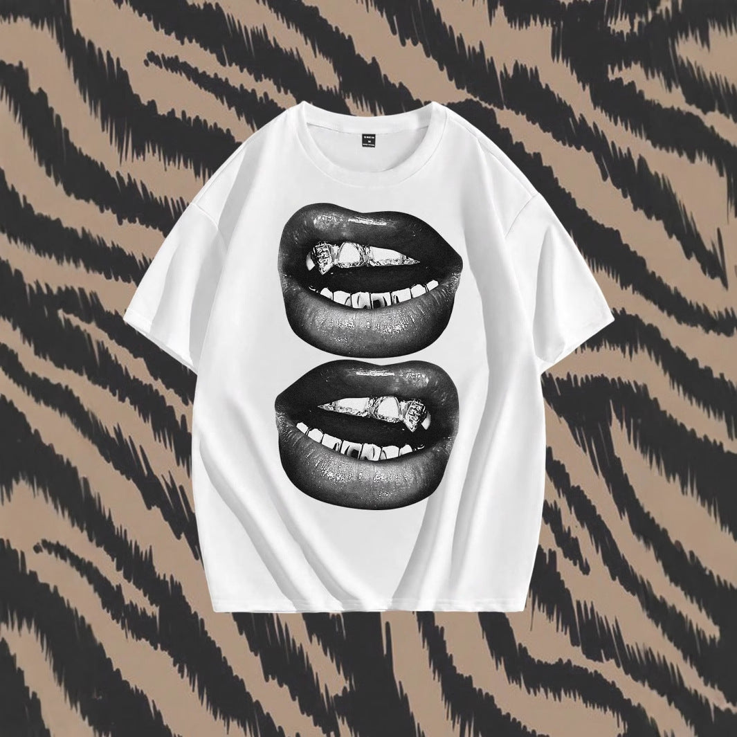 Tooth Drill Mouth Trendy Brand Short-Sleeve Loose Hip-Hop Streetwear Casual Couple T-Shirts