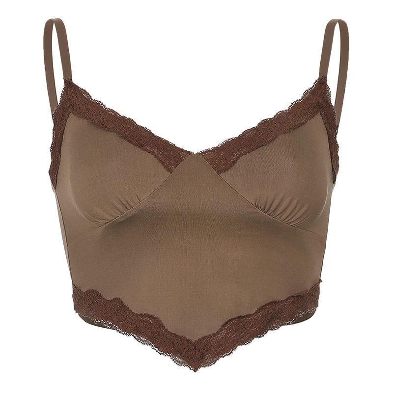 Streetwear Strap Lace Trim Brown Top