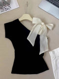 Black Off-shoulder Niche Strap Short-sleeve T-shirt For Women