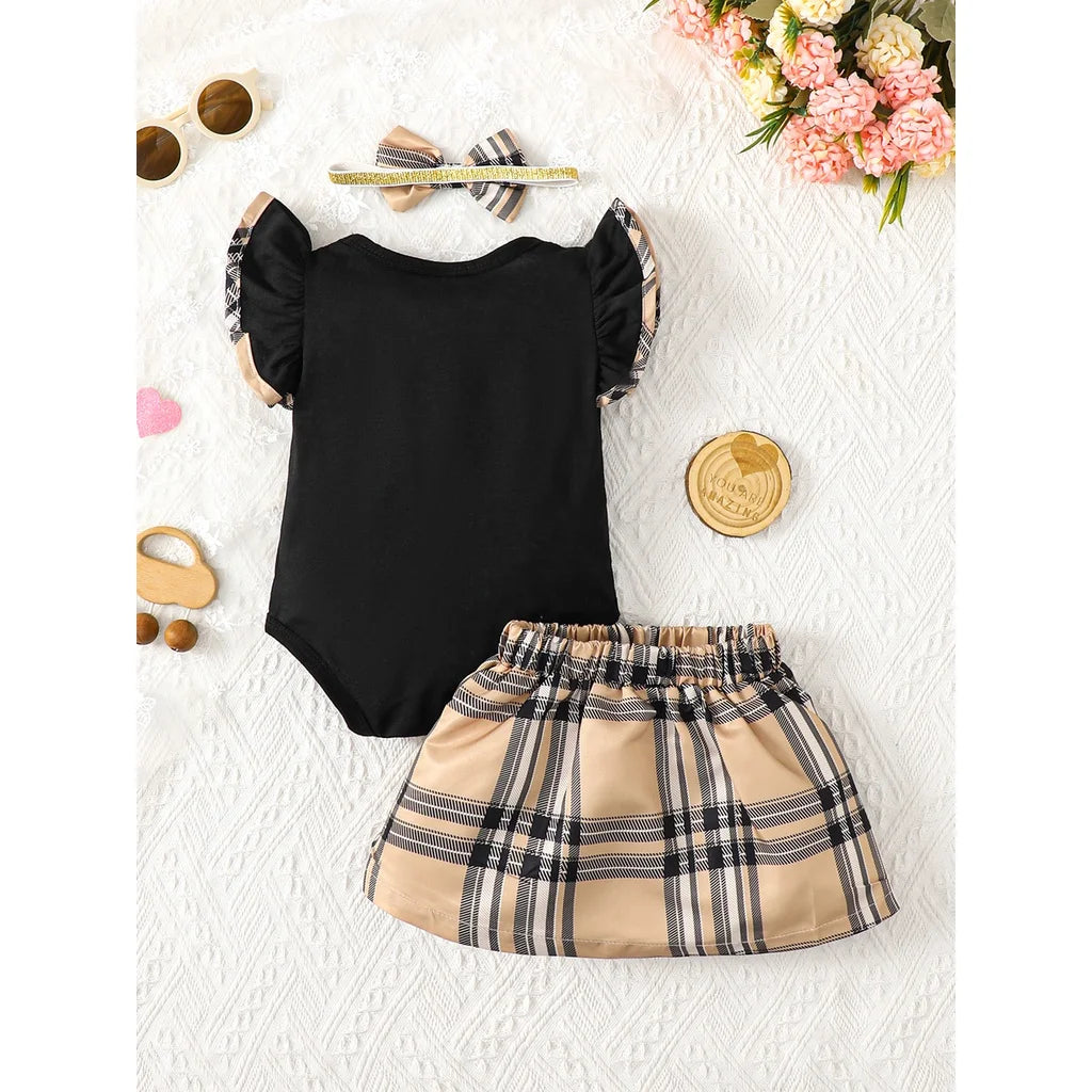 Summer Baby Girl Dress Set for 0-2Years 3PCS Ruffled Short Sleeve Heart Plaid Pattern Cut-out Design Infant Clothes Outfits