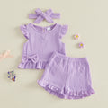 Little Girls 3 Piece Outfits Soft Adorable Solid Color Flying Sleeve Round Neck Tops Shorts Headband Set Baby Clothing