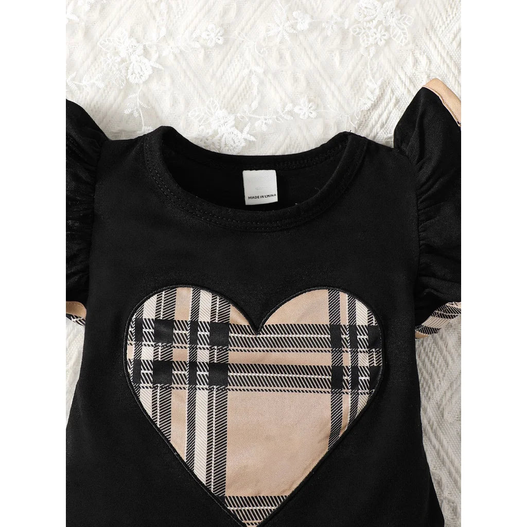 Summer Baby Girl Dress Set for 0-2Years 3PCS Ruffled Short Sleeve Heart Plaid Pattern Cut-out Design Infant Clothes Outfits