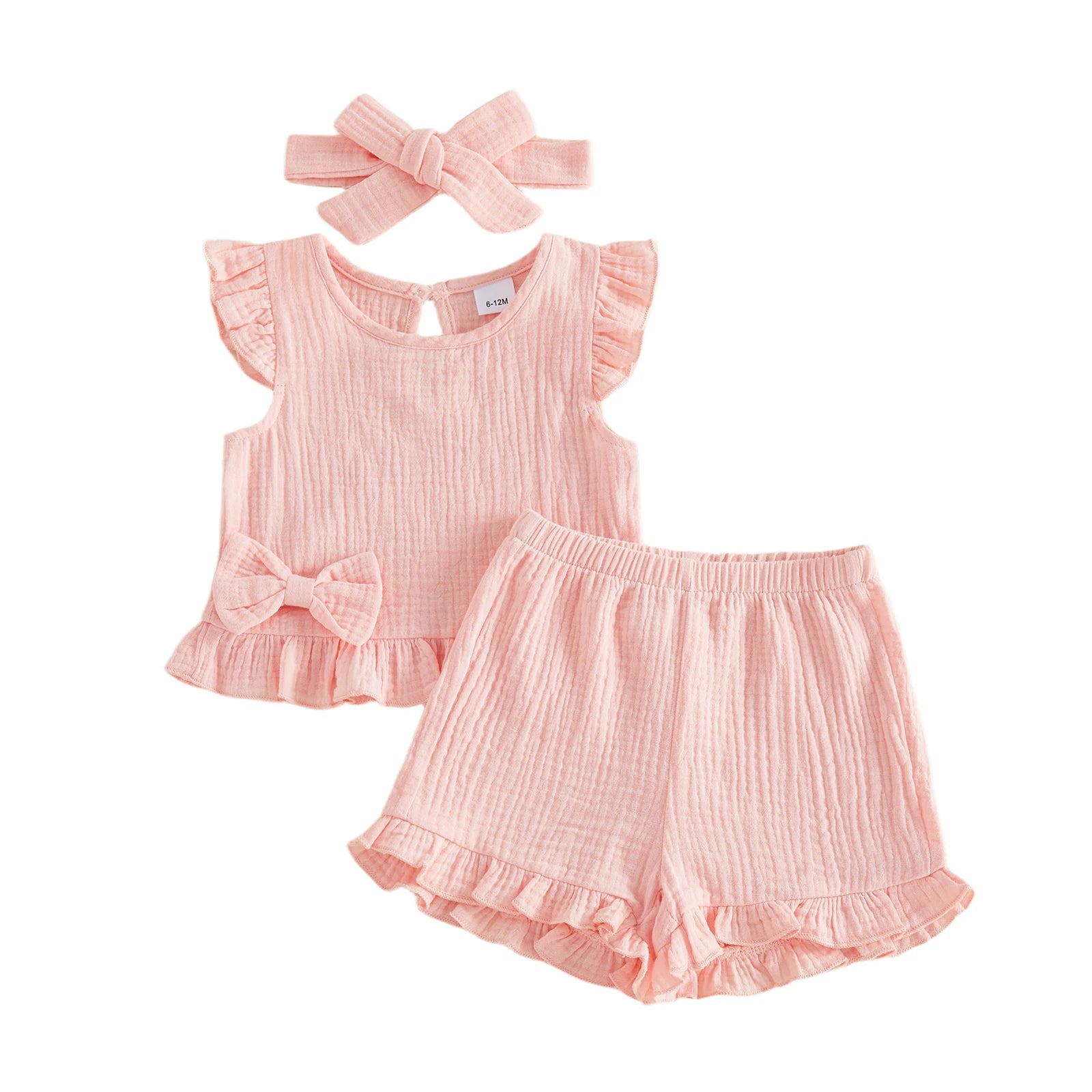 Little Girls 3 Piece Outfits Soft Adorable Solid Color Flying Sleeve Round Neck Tops Shorts Headband Set Baby Clothing