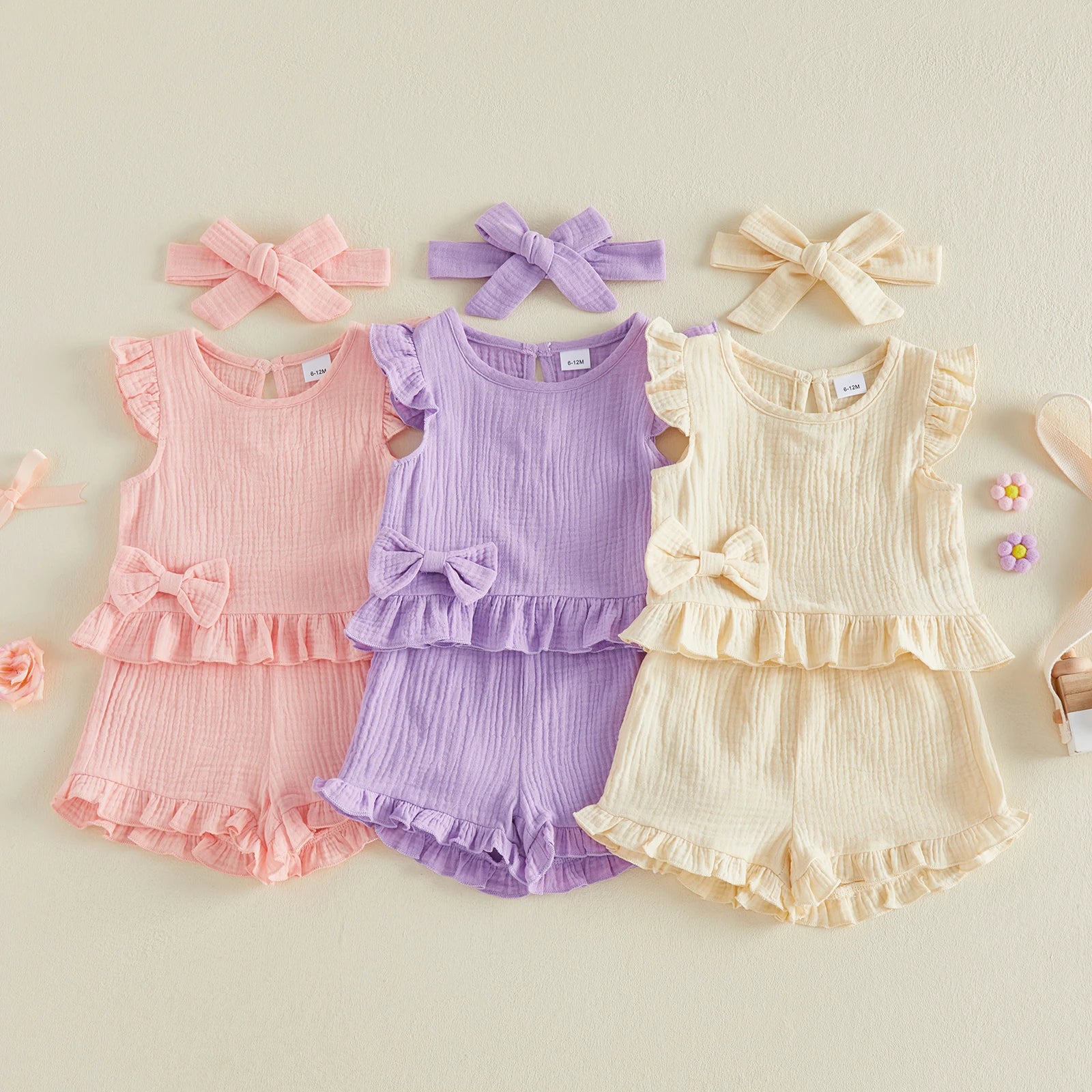 Little Girls 3 Piece Outfits Soft Adorable Solid Color Flying Sleeve Round Neck Tops Shorts Headband Set Baby Clothing
