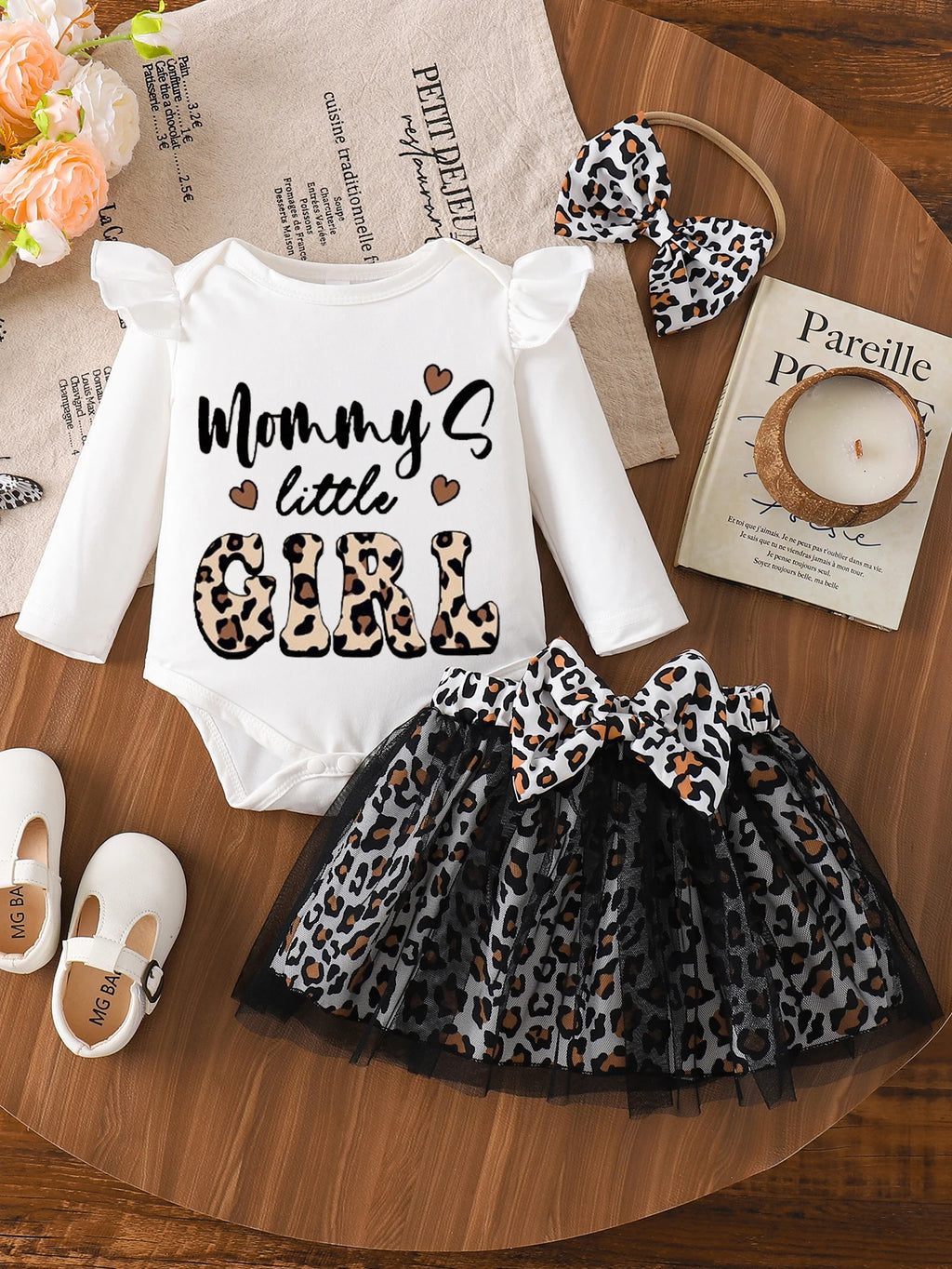 Newborn Baby Girl's outfits Mommy's Little Girls Long Sleeve Romper Tutu Skirt Headband 3pcs Outfits Sets Leopard