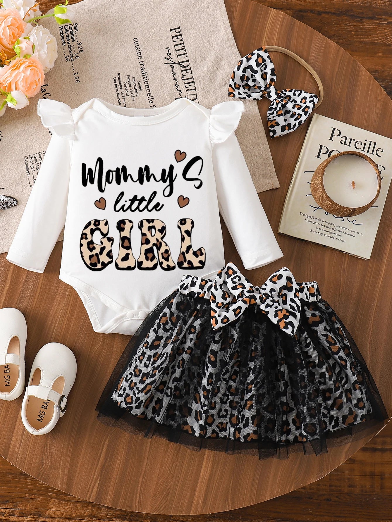 Newborn Baby Girl's outfits Mommy's Little Girls Long Sleeve Romper Tutu Skirt Headband 3pcs Outfits Sets Leopard