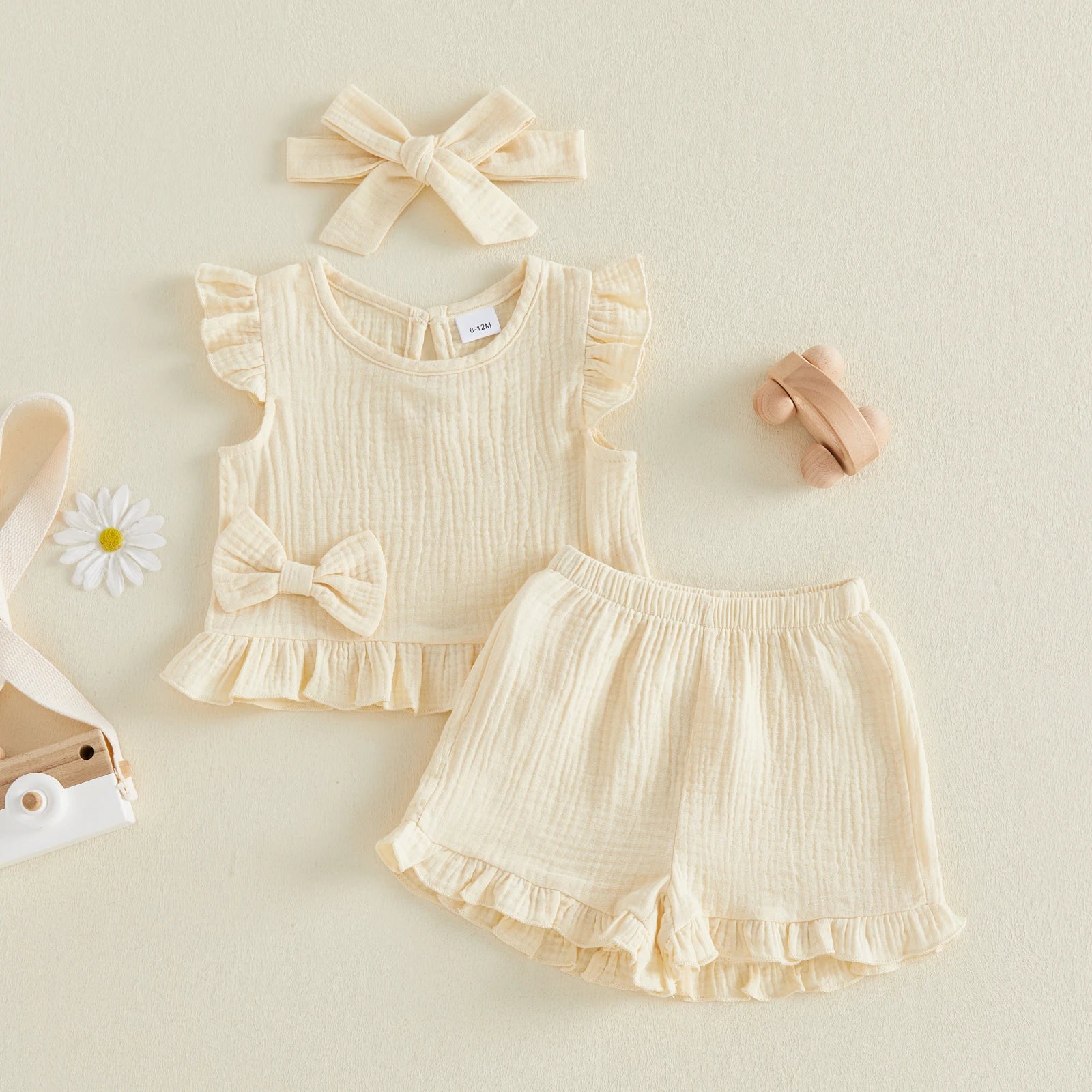 Little Girls 3 Piece Outfits Soft Adorable Solid Color Flying Sleeve Round Neck Tops Shorts Headband Set Baby Clothing