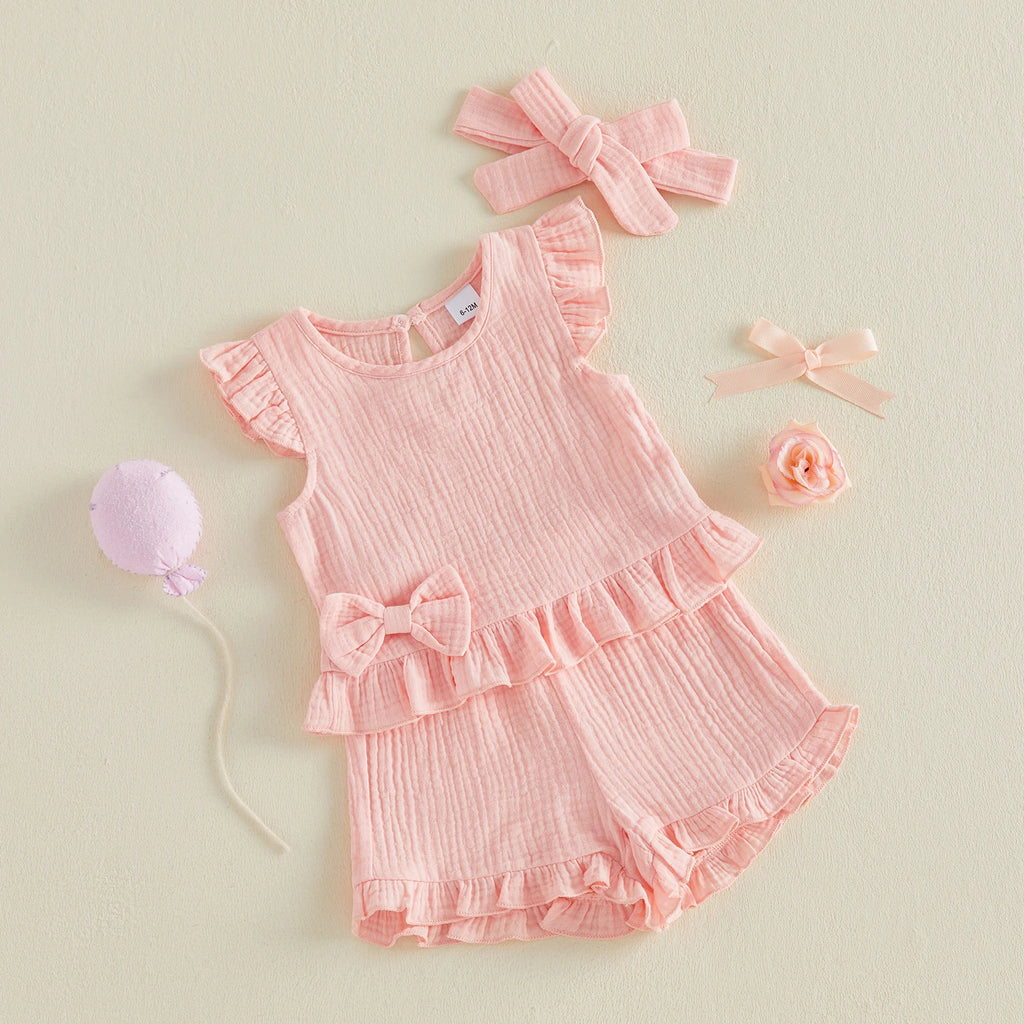 Little Girls 3 Piece Outfits Soft Adorable Solid Color Flying Sleeve Round Neck Tops Shorts Headband Set Baby Clothing