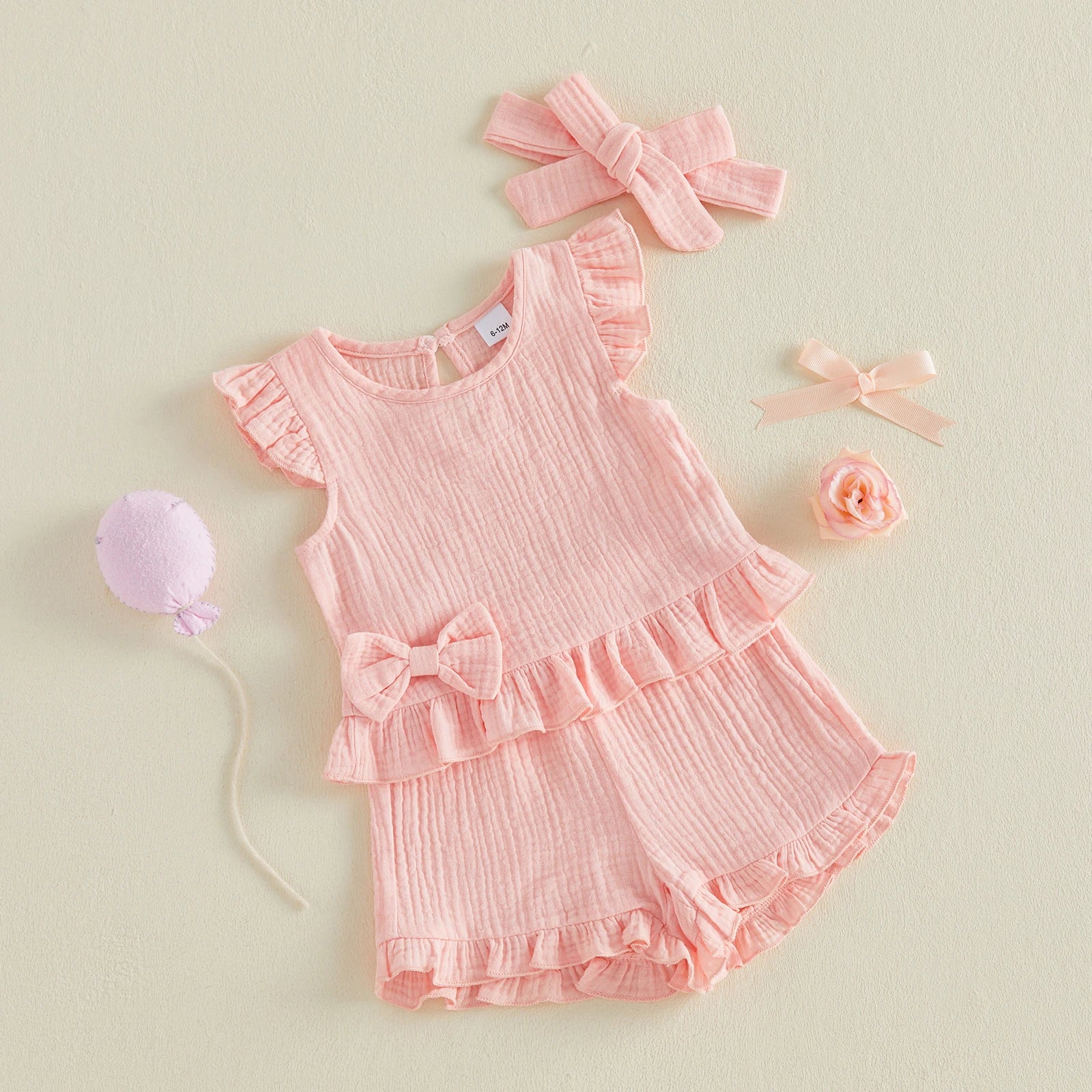 Little Girls 3 Piece Outfits Soft Adorable Solid Color Flying Sleeve Round Neck Tops Shorts Headband Set Baby Clothing