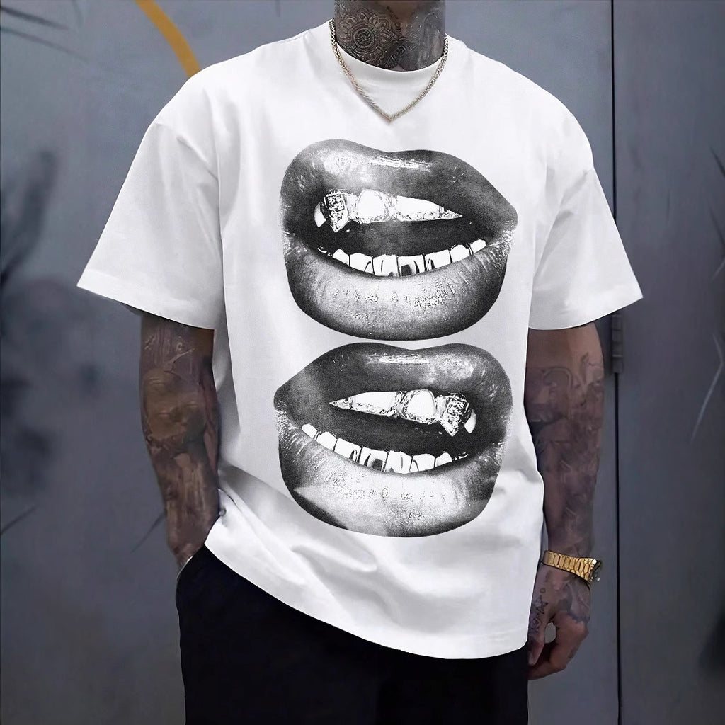 Tooth Drill Mouth Trendy Brand Short-Sleeve Loose Hip-Hop Streetwear Casual Couple T-Shirts