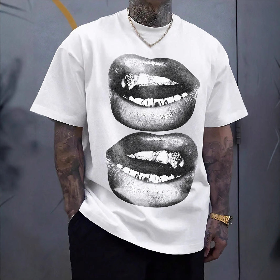 Tooth Drill Mouth Trendy Brand Short-Sleeve Loose Hip-Hop Streetwear Casual Couple T-Shirts