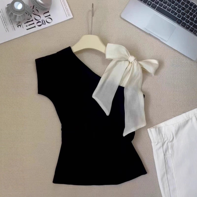 Black Off-shoulder Niche Strap Short-sleeve T-shirt For Women